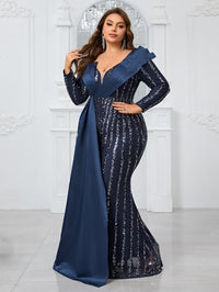 Yisikado Plus Size Women's Elegant And Sexy Slim Fit Dress With Long Sleeves, Sparkling Sequin Decor And 3d Structure Design-FMGN765