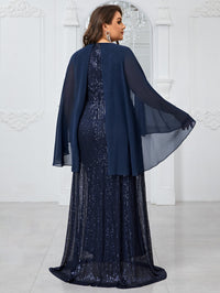 Yisikado Plus Size Women¡¯S Party Evening Dress With Shiny V-Neck Chiffon Shawl, Elegant And Graceful-FMGN1096