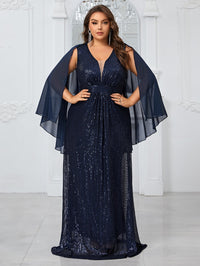 Yisikado Plus Size Women¡¯S Party Evening Dress With Shiny V-Neck Chiffon Shawl, Elegant And Graceful-FMGN1096