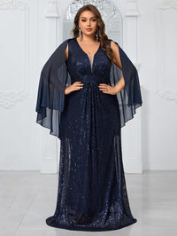 Yisikado Plus Size Women¡¯S Party Evening Dress With Shiny V-Neck Chiffon Shawl, Elegant And Graceful-FMGN1096