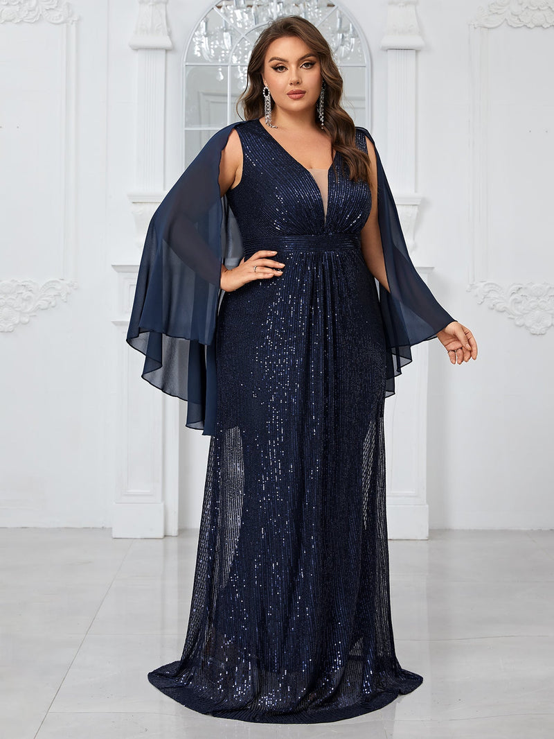 Yisikado Plus Size Women¡¯S Party Evening Dress With Shiny V-Neck Chiffon Shawl, Elegant And Graceful-FMGN1096