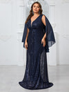 Yisikado Plus Size Women¡¯S Party Evening Dress With Shiny V-Neck Chiffon Shawl, Elegant And Graceful-FMGN1096