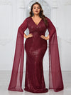 Yisikado Plus Size Sparkly Cross V-Neck Chiffon Long Sleeve Mermaid Evening Dress-FMGT1100