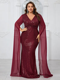 Yisikado Plus Size Sparkly Cross V-Neck Chiffon Long Sleeve Mermaid Evening Dress-FMGT1100