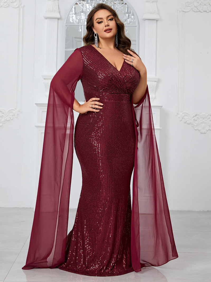 Yisikado Plus Size Sparkly Cross V-Neck Chiffon Long Sleeve Mermaid Evening Dress-FMGT1100