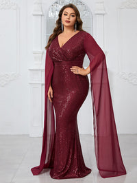 Yisikado Plus Size Sparkly Cross V-Neck Chiffon Long Sleeve Mermaid Evening Dress-FMGT1100