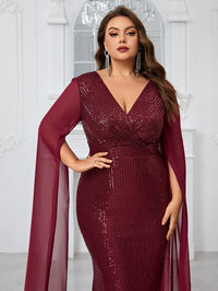 Yisikado Plus Size Sparkly Cross V-Neck Chiffon Long Sleeve Mermaid Evening Dress-FMGT1100