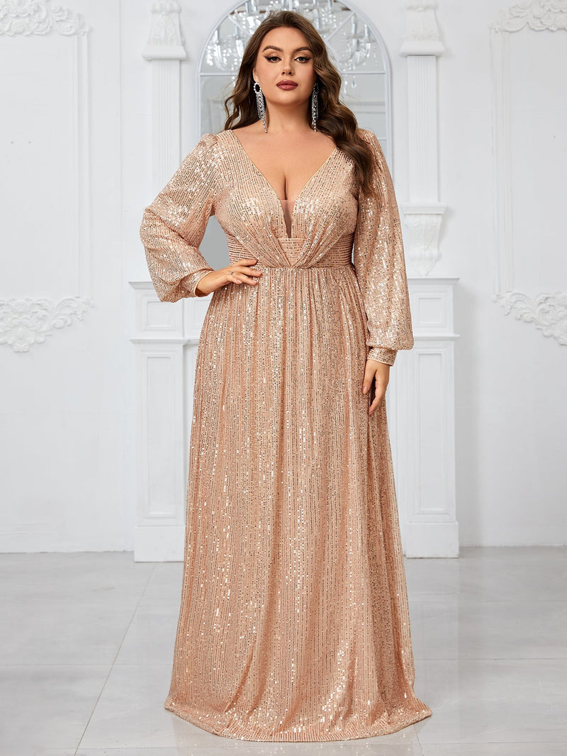 Yisikado Plus Size Women'S Sparkly Deep V-Neck Lantern Sleeve Party Evening Dress-FMGT933