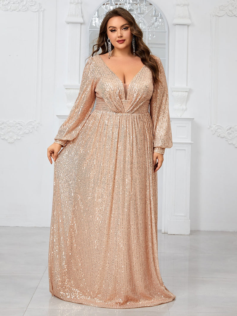 Yisikado Plus Size Women'S Sparkly Deep V-Neck Lantern Sleeve Party Evening Dress-FMGT933