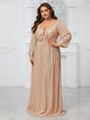 Yisikado Plus Size Women'S Sparkly Deep V-Neck Lantern Sleeve Party Evening Dress-FMGT933