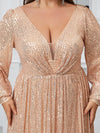 Yisikado Plus Size Women'S Sparkly Deep V-Neck Lantern Sleeve Party Evening Dress-FMGT933