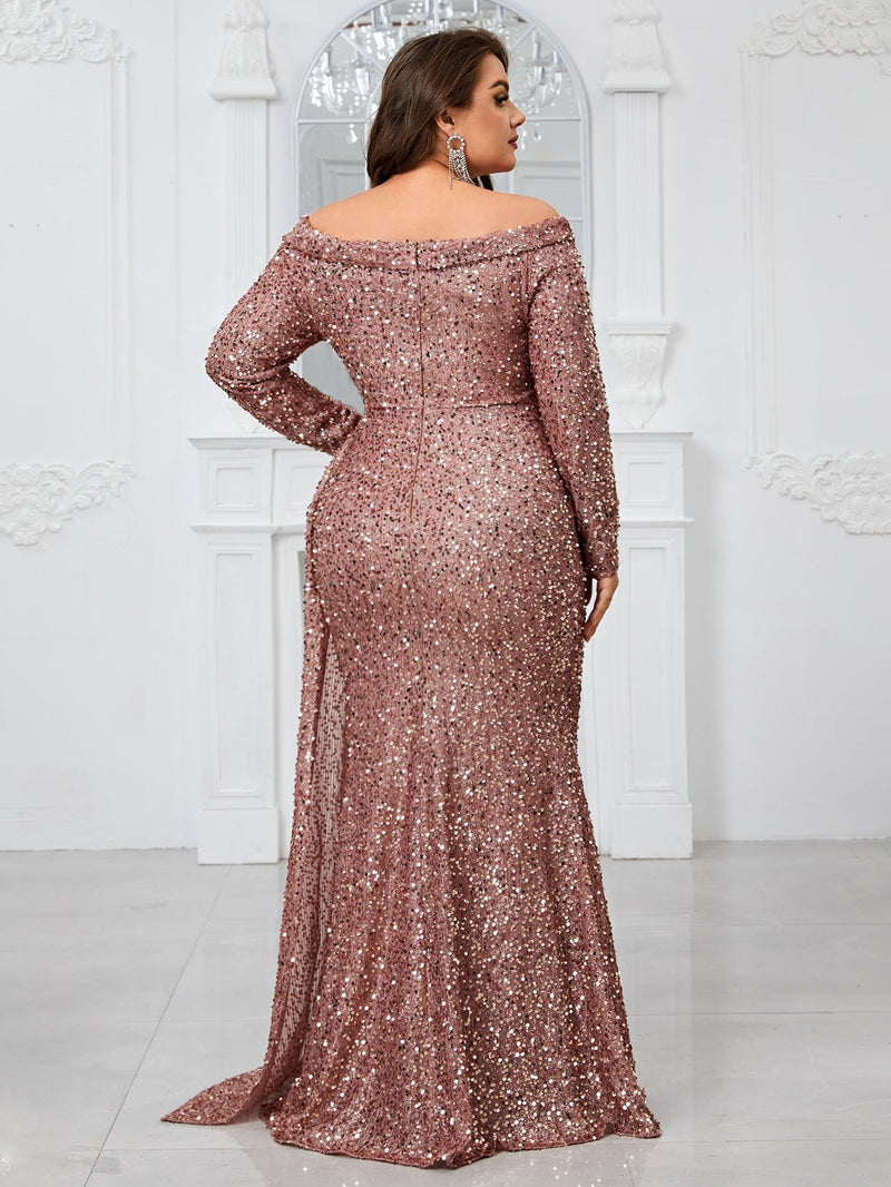 Yisikado Ladies' Plus Size Glitter Off Shoulder Long Sleeve Elegant Sexy Dress For Evening Party-FMGW480-1