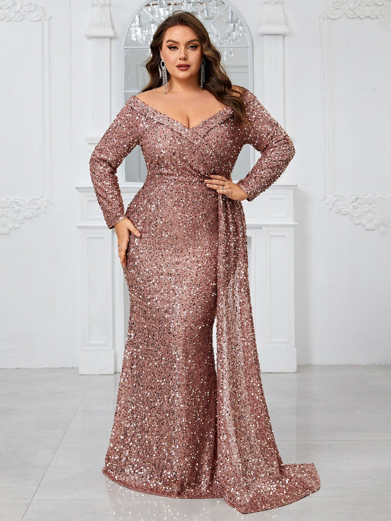 Yisikado Ladies' Plus Size Glitter Off Shoulder Long Sleeve Elegant Sexy Dress For Evening Party-FMGW480-1