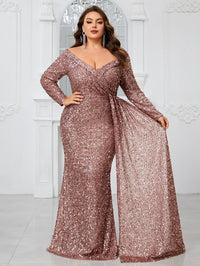 Yisikado Ladies' Plus Size Glitter Off Shoulder Long Sleeve Elegant Sexy Dress For Evening Party-FMGW480-1