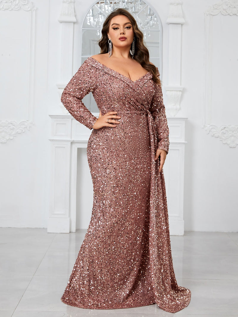 Yisikado Ladies' Plus Size Glitter Off Shoulder Long Sleeve Elegant Sexy Dress For Evening Party-FMGW480-1