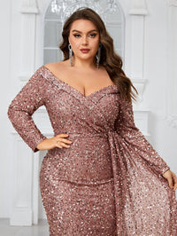 Yisikado Ladies' Plus Size Glitter Off Shoulder Long Sleeve Elegant Sexy Dress For Evening Party-FMGW480-1