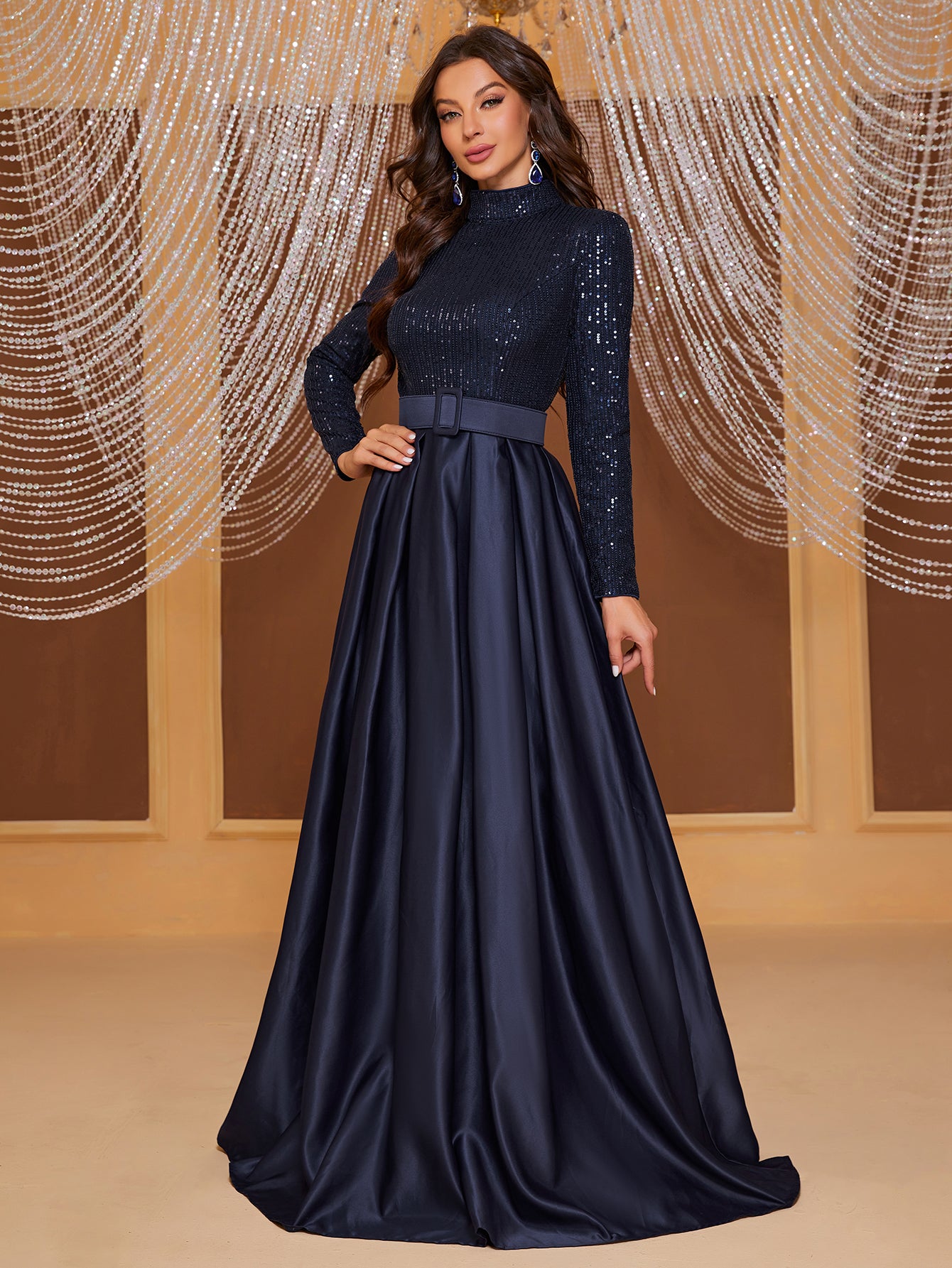 Giffniseti Mock Neck Sequin Bodice Party Dress-MGT849