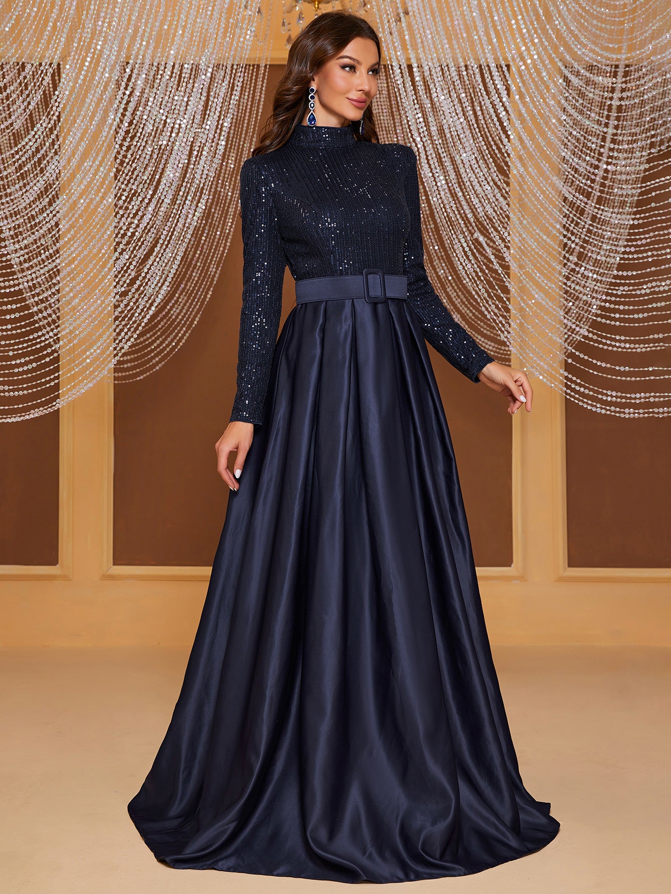 Giffniseti Mock Neck Sequin Bodice Party Dress-MGT849