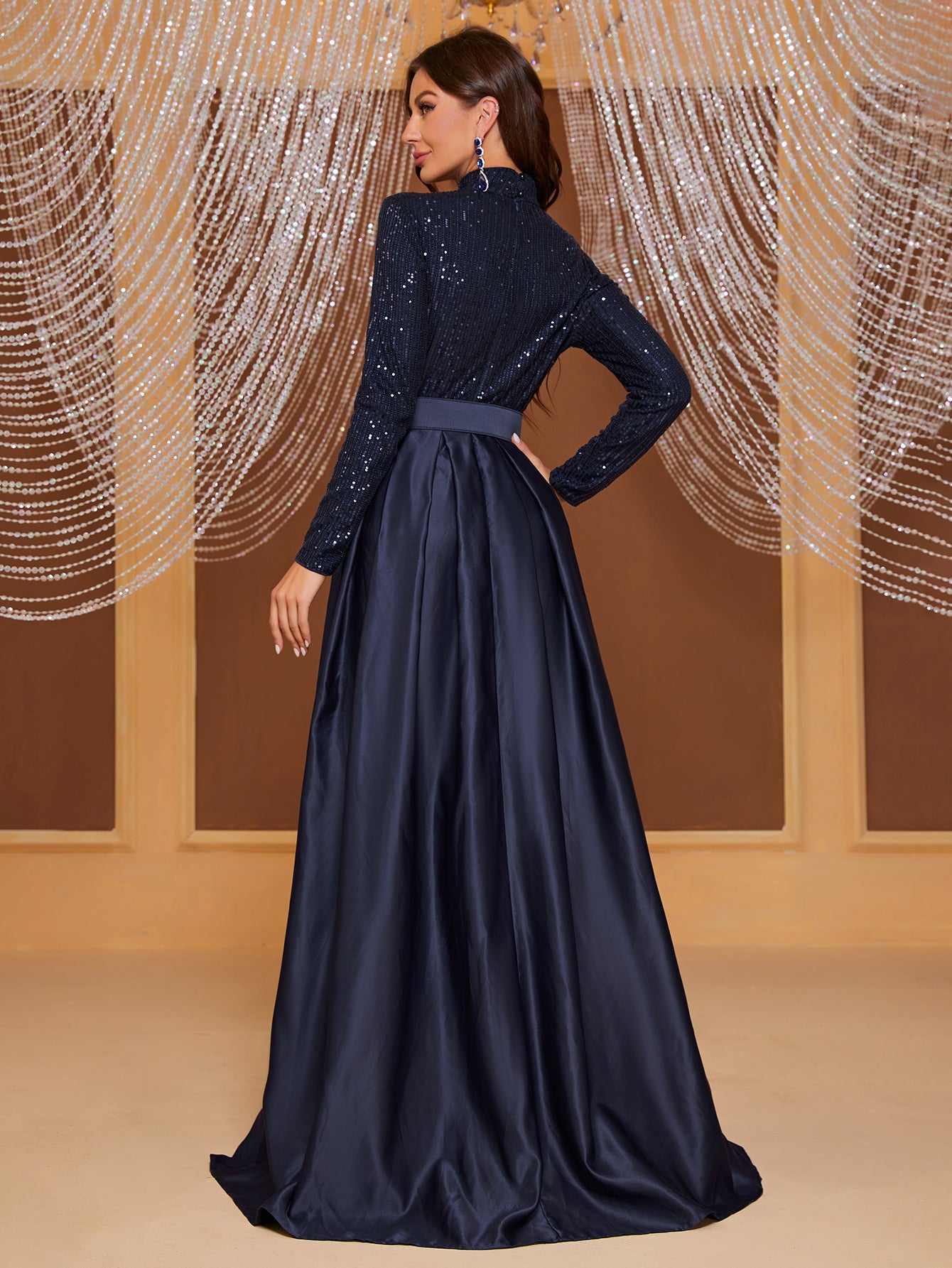 Giffniseti Mock Neck Sequin Bodice Party Dress-MGT849