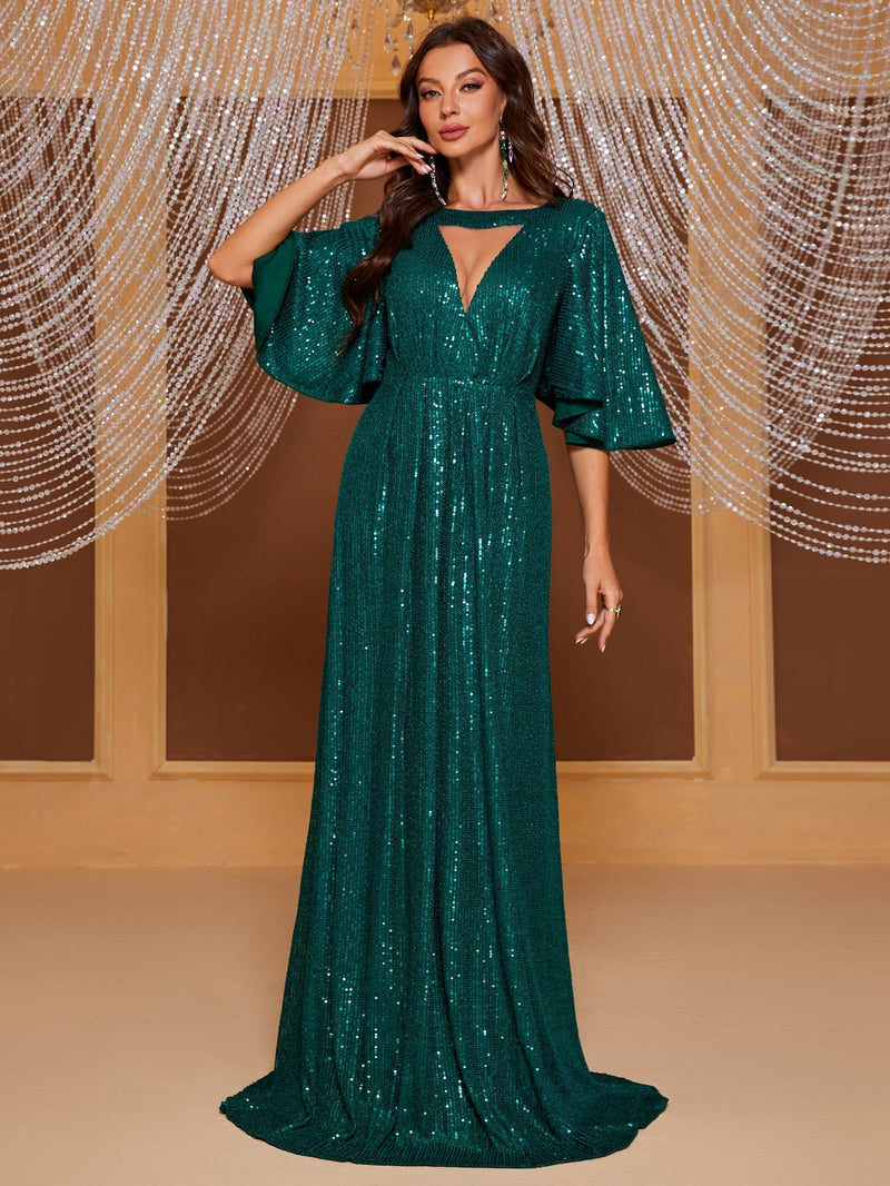 Yisikado Keyhole Neck Butterfly Sleeve Sequin Formal Dress-SST2090