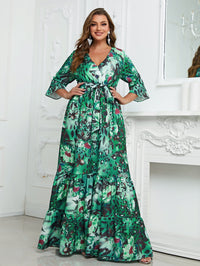 Plus Floral Print Flare Sleeve Ruffle Hem Belted Dress-FMGN594-1