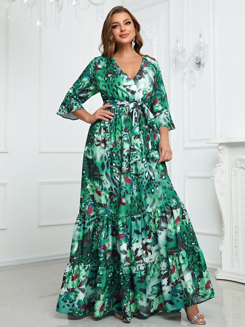 Plus Floral Print Flare Sleeve Ruffle Hem Belted Dress-FMGN594-1