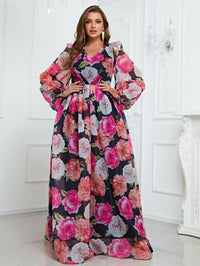 Plus Floral Print Lantern Sleeve Dress-FMGN152-1