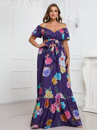 Plus Floral Print Off Shoulder Ruffle Hem Belted Dress-FSSN070-1