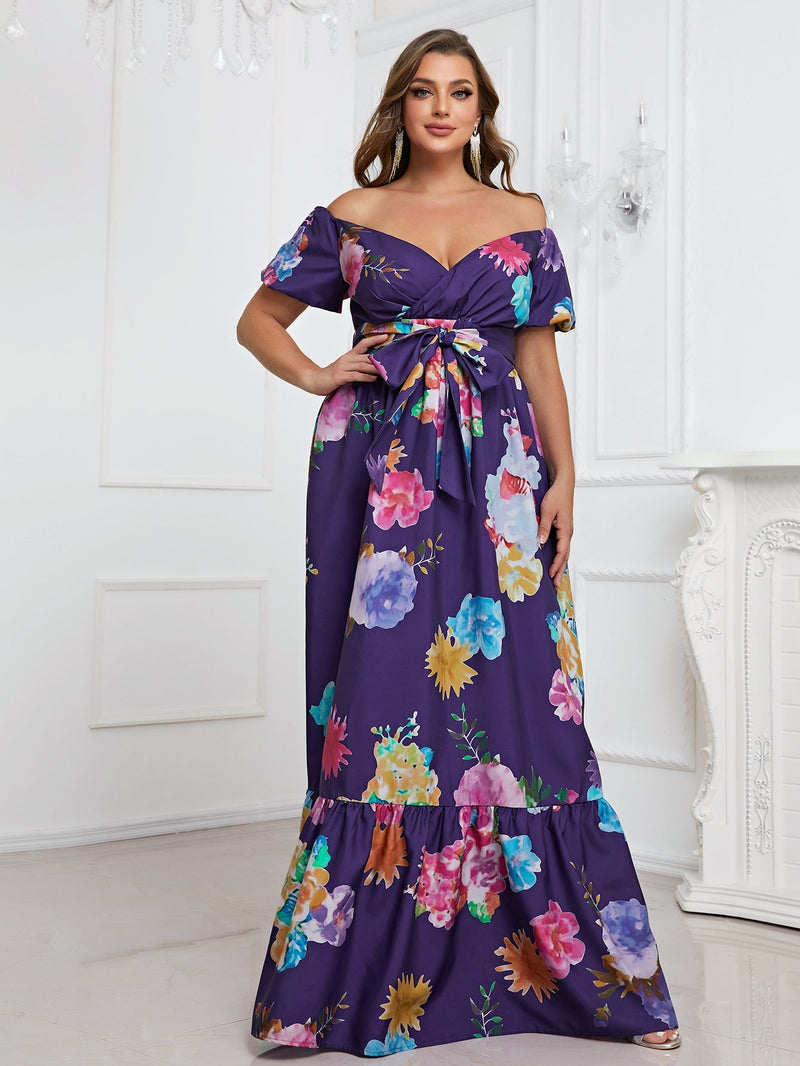 Plus Floral Print Off Shoulder Ruffle Hem Belted Dress-FSSN070-1