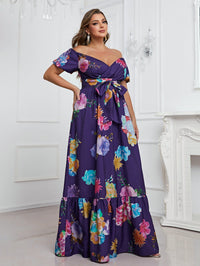 Plus Floral Print Off Shoulder Ruffle Hem Belted Dress-FSSN070-1