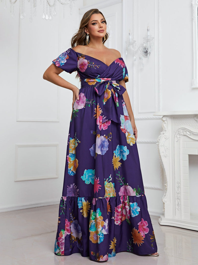 Plus Floral Print Off Shoulder Ruffle Hem Belted Dress-FSSN070-1