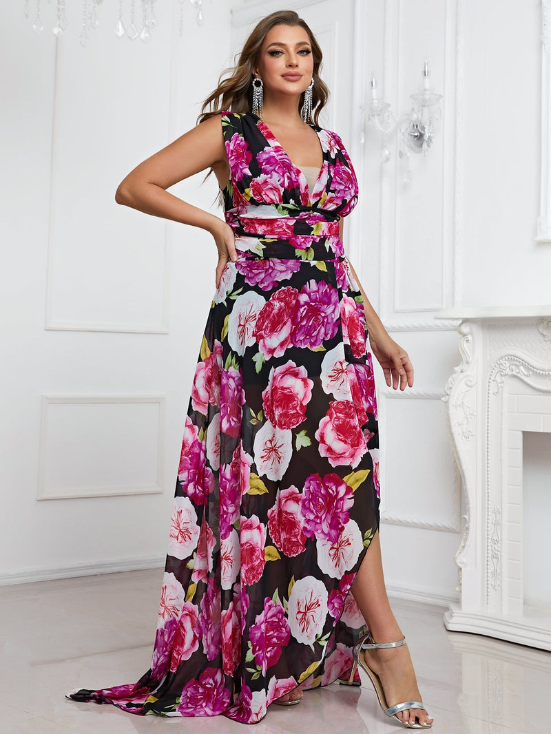 Plus Floral Print Ruffle Trim Chiffon Dress-FSSN064-1