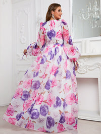 Plus Floral Print Split Sleeve Chiffon Maxi Dress-FMGN152-2