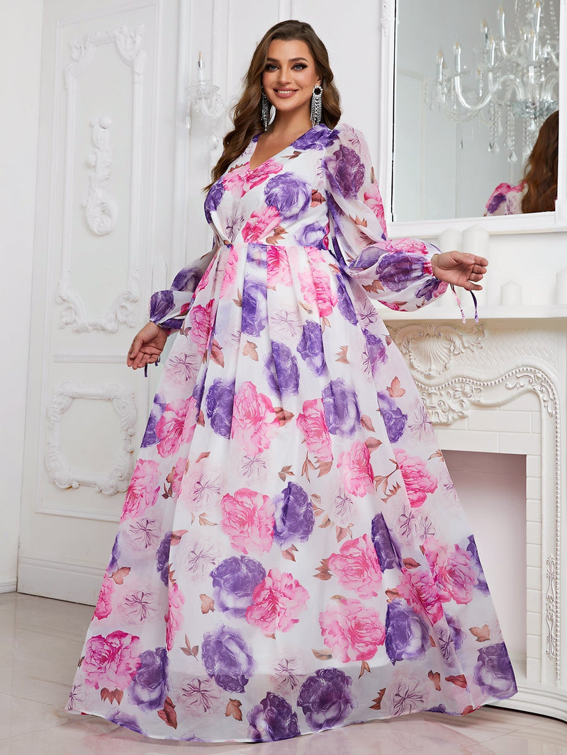 Plus Floral Print Split Sleeve Chiffon Maxi Dress-FMGN152-2