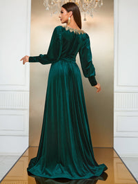 Yisikado Sweetheart Neck Lantern Sleeve Belted Velvet Dress-SSL6149