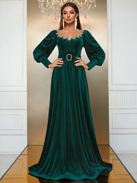 Yisikado Sweetheart Neck Lantern Sleeve Belted Velvet Dress-SSL6149