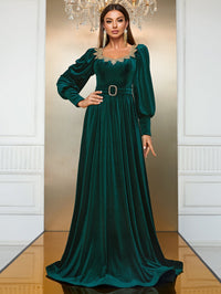 Yisikado Sweetheart Neck Lantern Sleeve Belted Velvet Dress-SSL6149