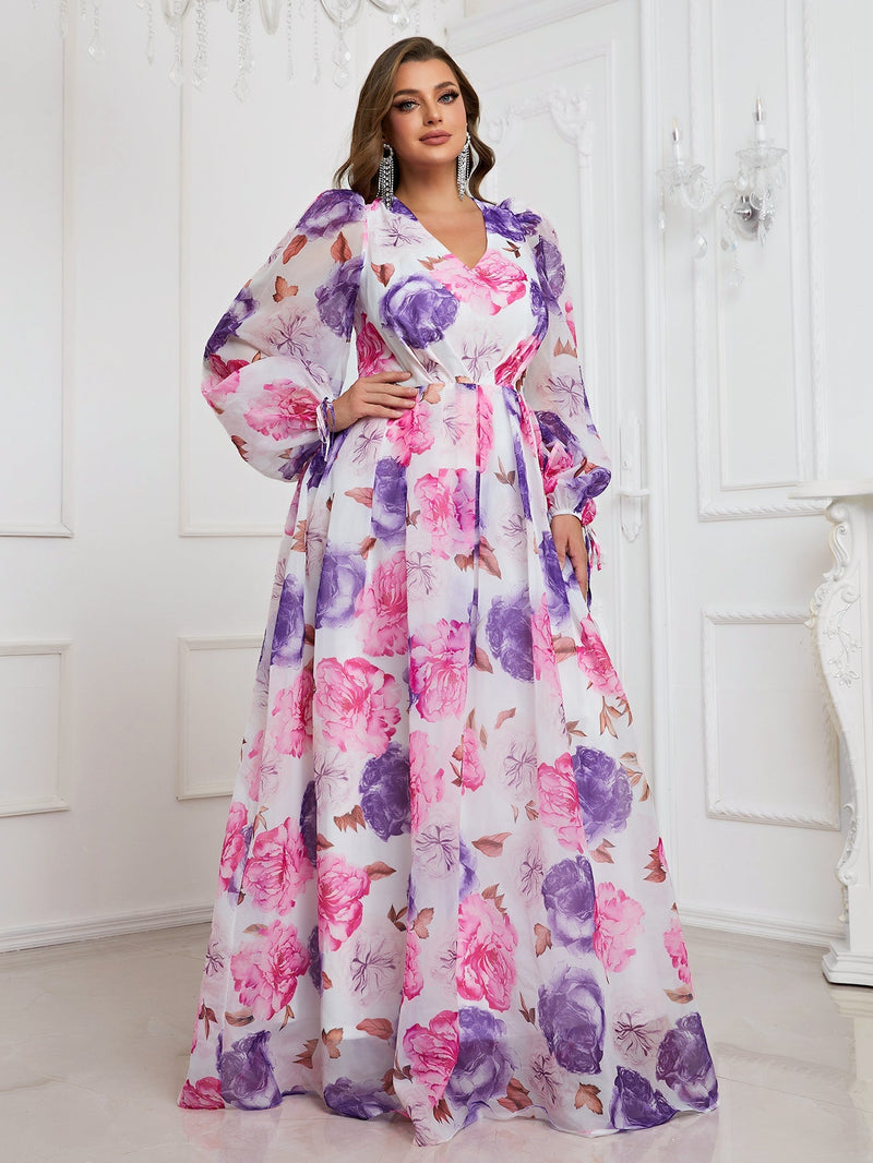 Plus Floral Print Split Sleeve Chiffon Maxi Dress-FMGN152-2