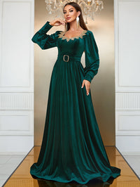 Yisikado Sweetheart Neck Lantern Sleeve Belted Velvet Dress-SSL6149