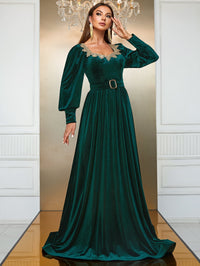 Yisikado Sweetheart Neck Lantern Sleeve Belted Velvet Dress-SSL6149