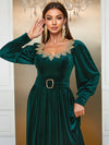 Yisikado Sweetheart Neck Lantern Sleeve Belted Velvet Dress-SSL6149