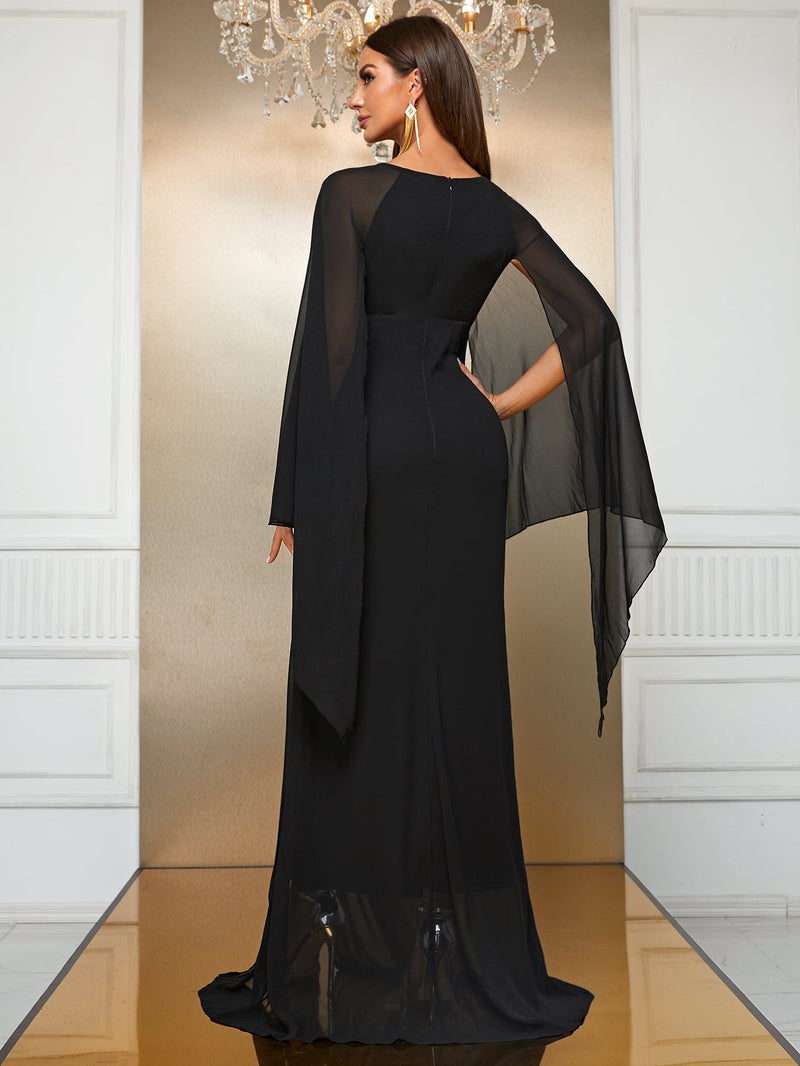 Yisikado Cloak Sleeve Ruched Split Thigh Chiffon Dress-SS312-1