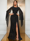 Yisikado Cloak Sleeve Ruched Split Thigh Chiffon Dress-SS312-1