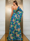 Yisikado Dragon & Tropical Print One Shoulder Trumpet Sleeve Split Thigh Dress-SS343-1