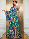 Yisikado Dragon & Tropical Print One Shoulder Trumpet Sleeve Split Thigh Dress-SS343-1