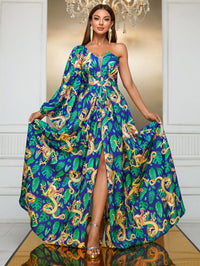 Yisikado Dragon & Tropical Print One Shoulder Trumpet Sleeve Split Thigh Dress-SS343-1