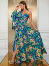 Yisikado Dragon & Tropical Print One Shoulder Trumpet Sleeve Split Thigh Dress-SS343-1