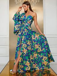 Yisikado Dragon & Tropical Print One Shoulder Trumpet Sleeve Split Thigh Dress-SS343-1