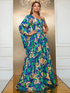 Yisikado Dragon & Tropical Print One Shoulder Trumpet Sleeve Split Thigh Dress-SS343-1