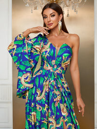 Yisikado Dragon & Tropical Print One Shoulder Trumpet Sleeve Split Thigh Dress-SS343-1